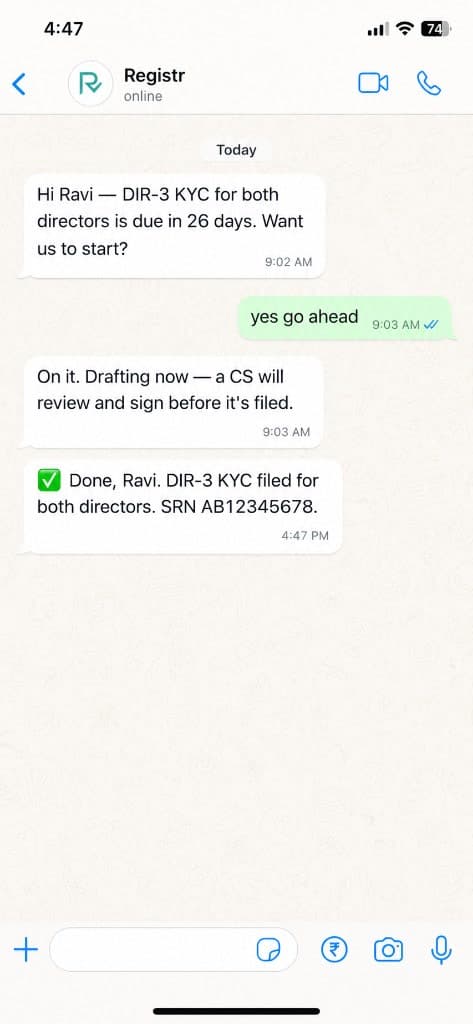 WhatsApp chat with Registr: reminder for DIR-3 KYC, client replies yes, then filing confirmed with SRN